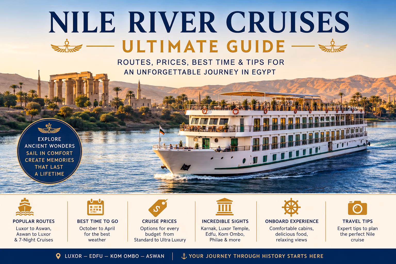Nile River cruise ship sailing between Luxor and Aswan in Egypt.