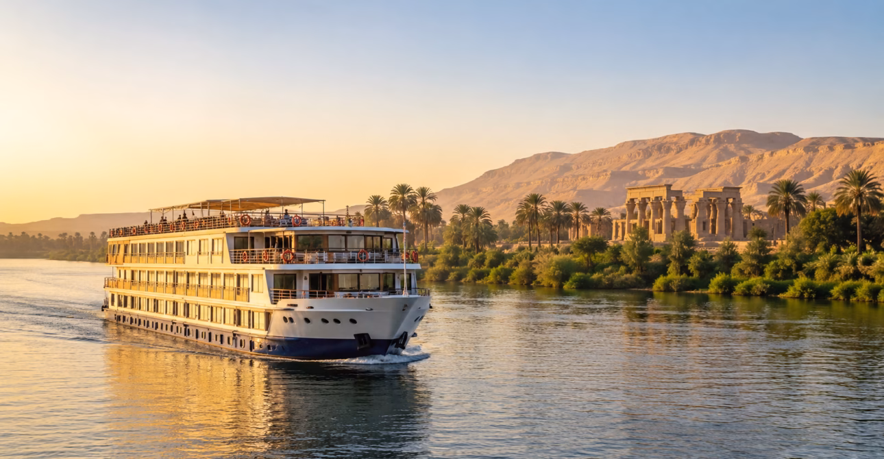Budget Nile cruise ship sailing between Luxor and Aswan in Egypt