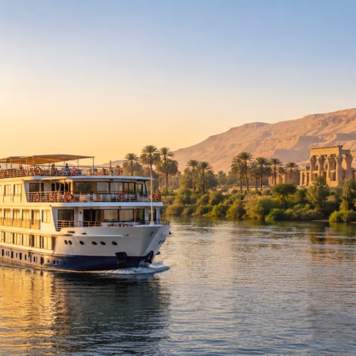 Budget Nile cruise ship sailing between Luxor and Aswan in Egypt