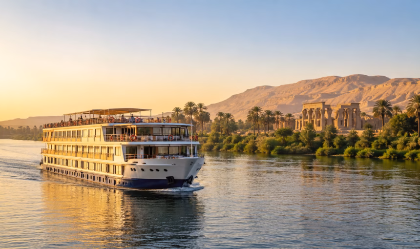 Budget Nile cruise ship sailing between Luxor and Aswan in Egypt