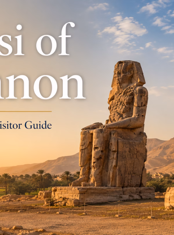 Colossi of Memnon statues on the West Bank of Luxor at golden hour