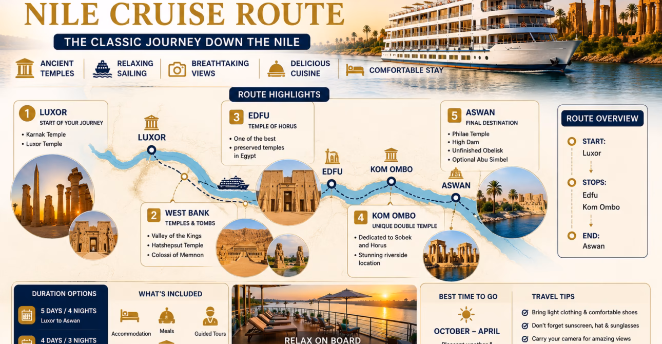 Nile cruise ship sailing on the Luxor to Aswan route in Egypt