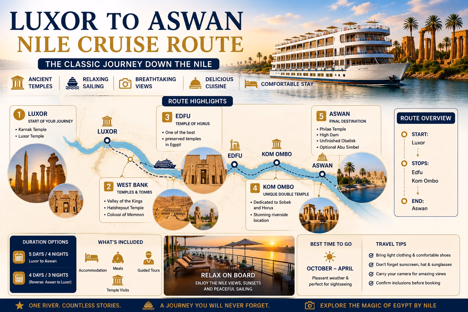 Nile cruise ship sailing on the Luxor to Aswan route in Egypt