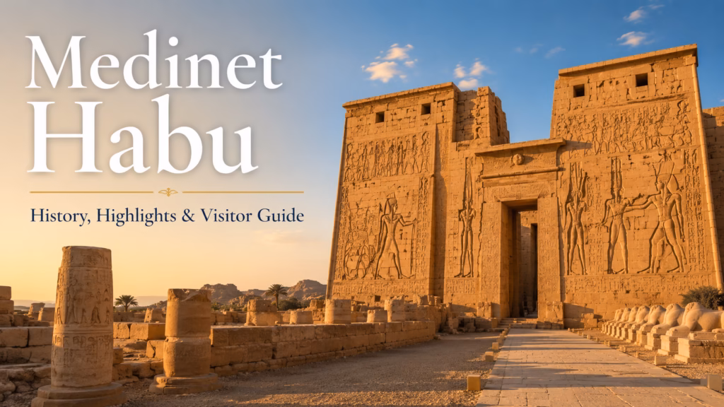 Medinet Habu temple of Ramses III on the West Bank of Luxor at sunset