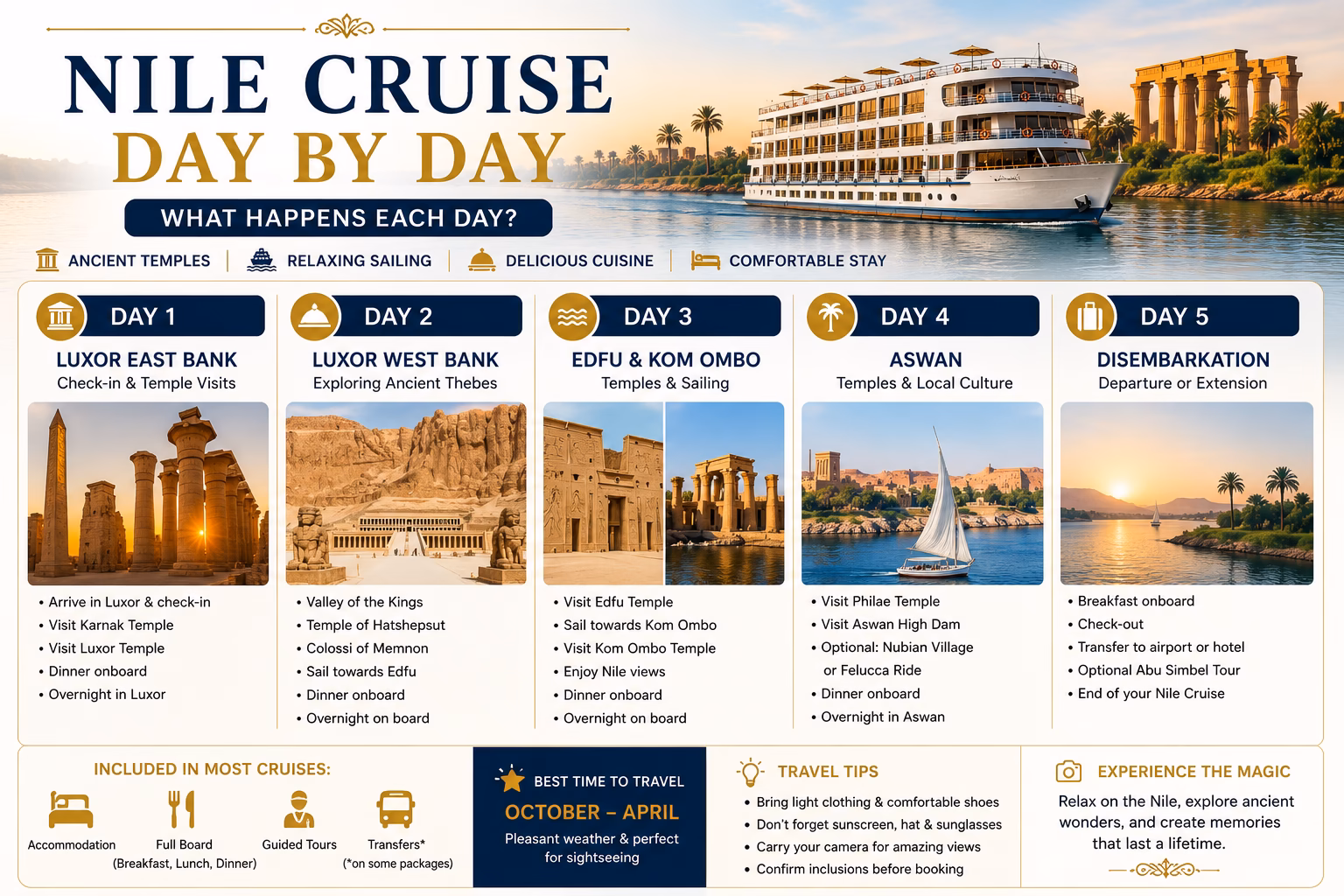 Nile cruise ship sailing past temples between Luxor and Aswan