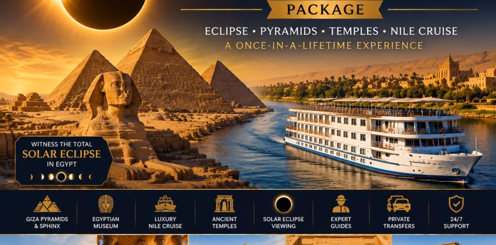 Egypt Solar Eclipse 2027 Package with total solar eclipse over ancient temples and luxury Nile cruise