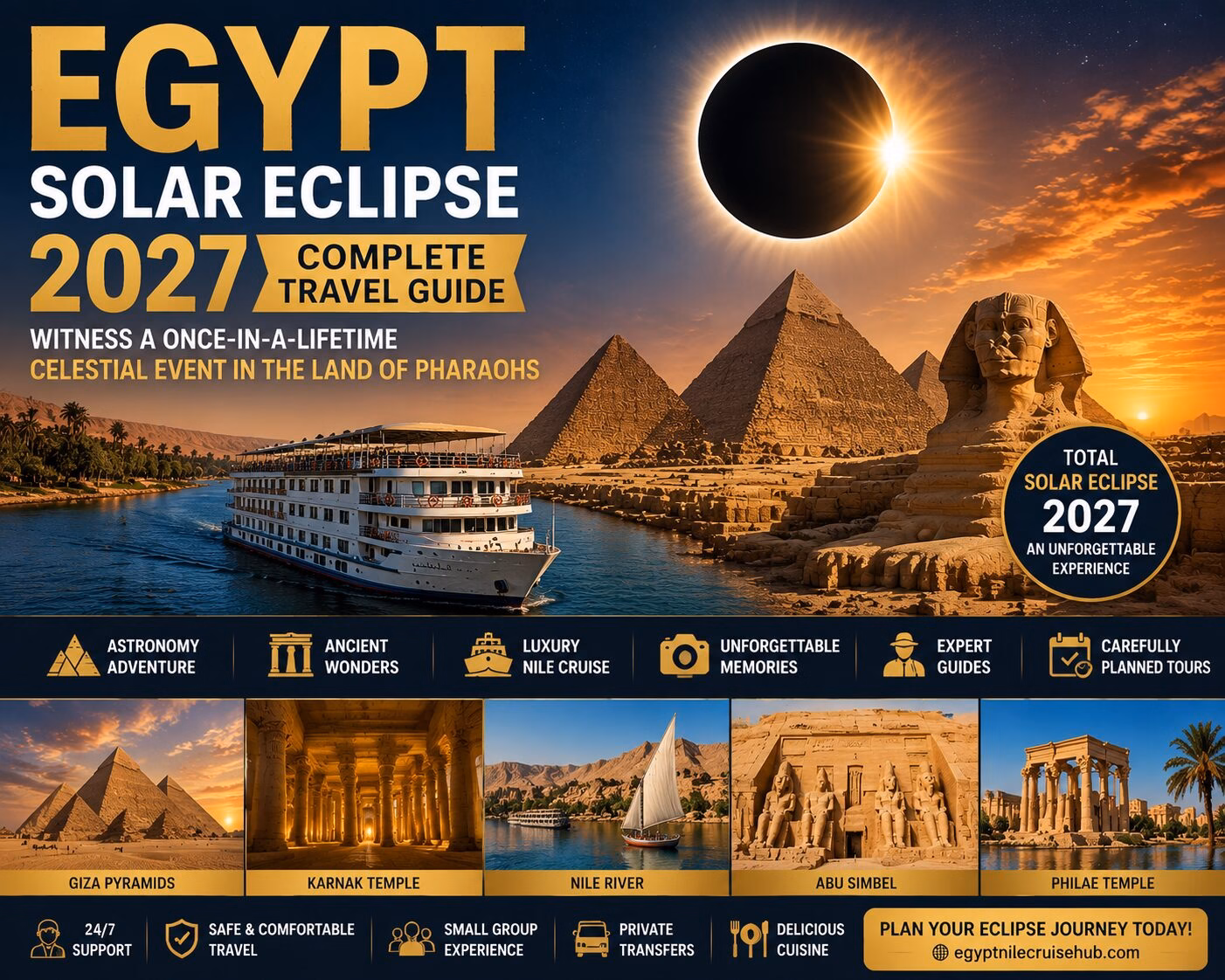 Egypt Solar Eclipse 2027 over ancient temples with pyramids and Nile River cruise